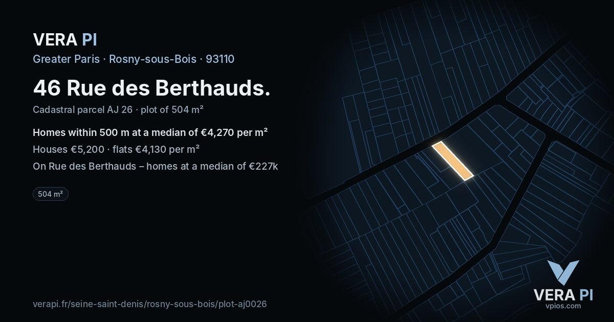 46 Rue des Berthauds, Rosny-sous-Bois at night – the plot lit, the parcels around coloured by the prices near them