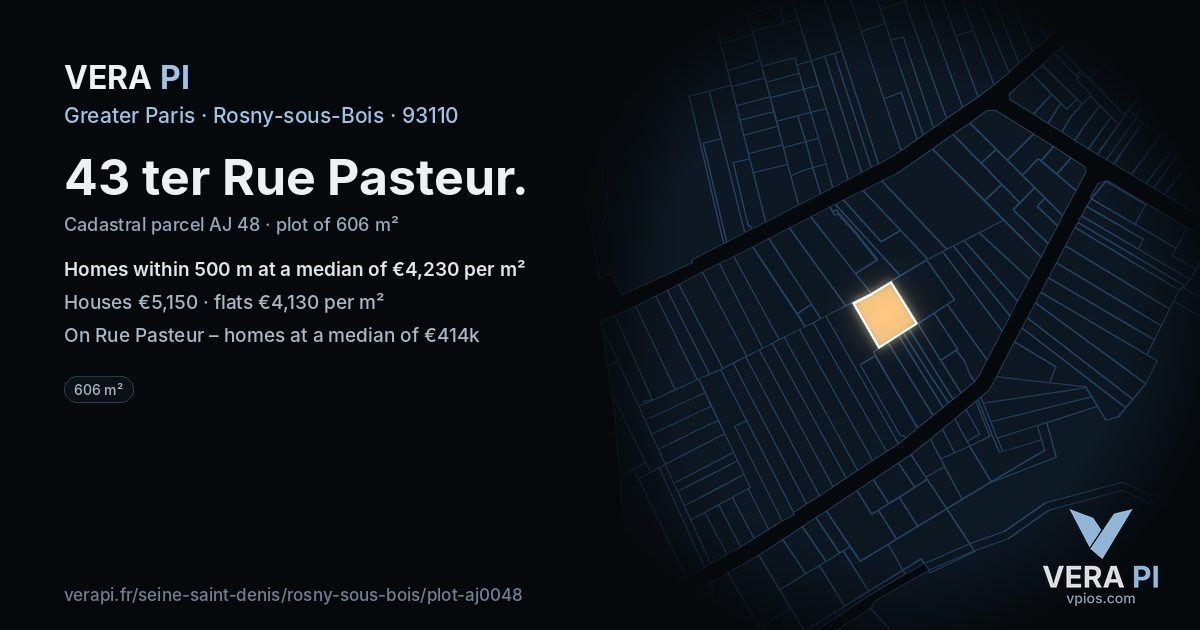 43 ter Rue Pasteur, Rosny-sous-Bois at night – the plot lit, the parcels around coloured by the prices near them