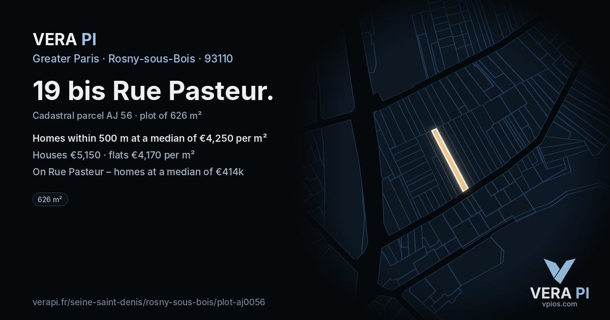 19 bis Rue Pasteur, Rosny-sous-Bois at night – the plot lit, the parcels around coloured by the prices near them