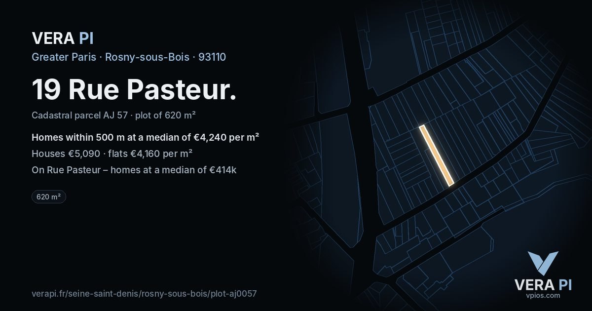 19 Rue Pasteur, Rosny-sous-Bois at night – the plot lit, the parcels around coloured by the prices near them