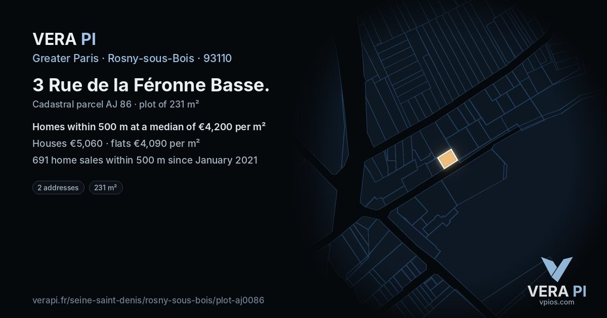 3 Rue de la Féronne Basse, Rosny-sous-Bois at night – the plot lit, the parcels around coloured by the prices near them