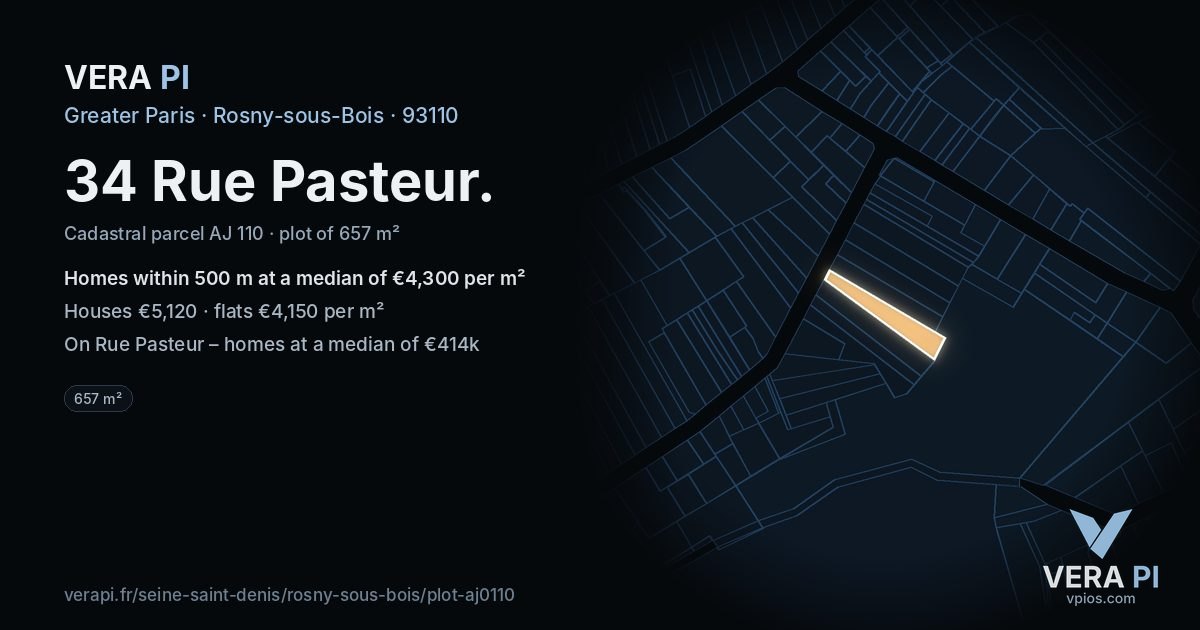 34 Rue Pasteur, Rosny-sous-Bois at night – the plot lit, the parcels around coloured by the prices near them