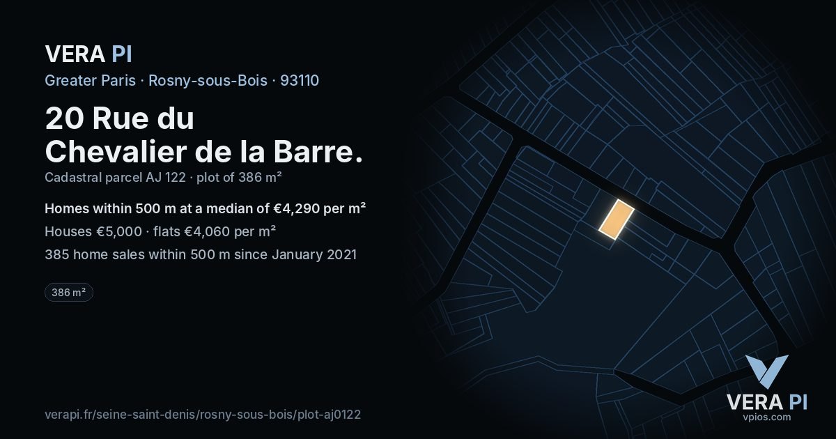 20 Rue du Chevalier de la Barre, Rosny-sous-Bois at night – the plot lit, the parcels around coloured by the prices near them