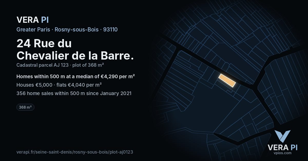24 Rue du Chevalier de la Barre, Rosny-sous-Bois at night – the plot lit, the parcels around coloured by the prices near them