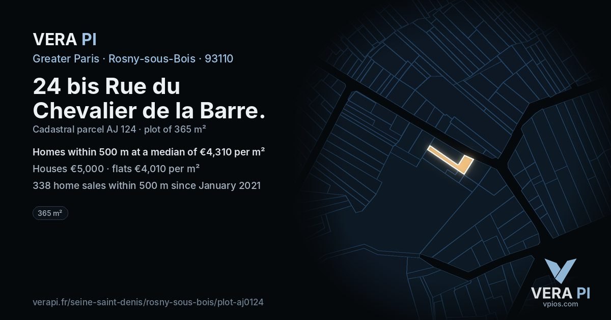 24 bis Rue du Chevalier de la Barre, Rosny-sous-Bois at night – the plot lit, the parcels around coloured by the prices near them