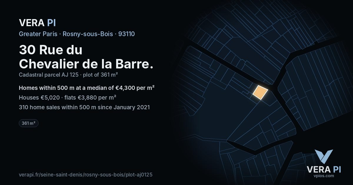 30 Rue du Chevalier de la Barre, Rosny-sous-Bois at night – the plot lit, the parcels around coloured by the prices near them