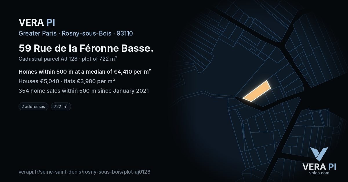 59 Rue de la Féronne Basse, Rosny-sous-Bois at night – the plot lit, the parcels around coloured by the prices near them