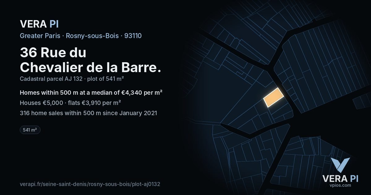 36 Rue du Chevalier de la Barre, Rosny-sous-Bois at night – the plot lit, the parcels around coloured by the prices near them