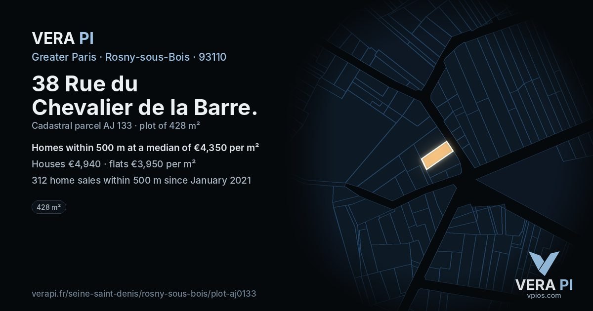 38 Rue du Chevalier de la Barre, Rosny-sous-Bois at night – the plot lit, the parcels around coloured by the prices near them