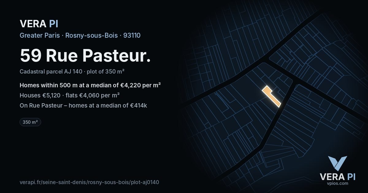 59 Rue Pasteur, Rosny-sous-Bois at night – the plot lit, the parcels around coloured by the prices near them