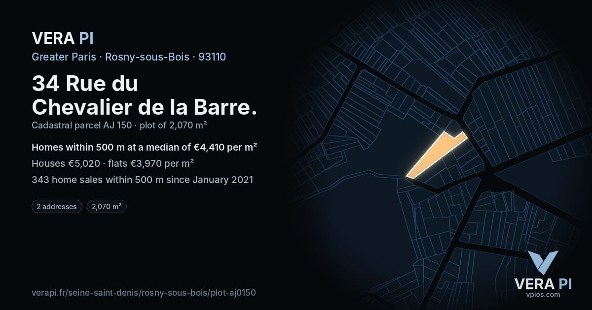 34 Rue du Chevalier de la Barre, Rosny-sous-Bois at night – the plot lit, the parcels around coloured by the prices near them