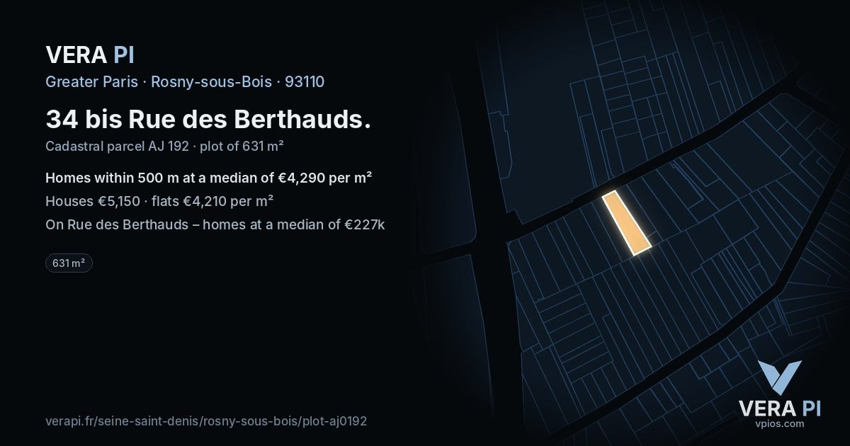 34 bis Rue des Berthauds, Rosny-sous-Bois at night – the plot lit, the parcels around coloured by the prices near them