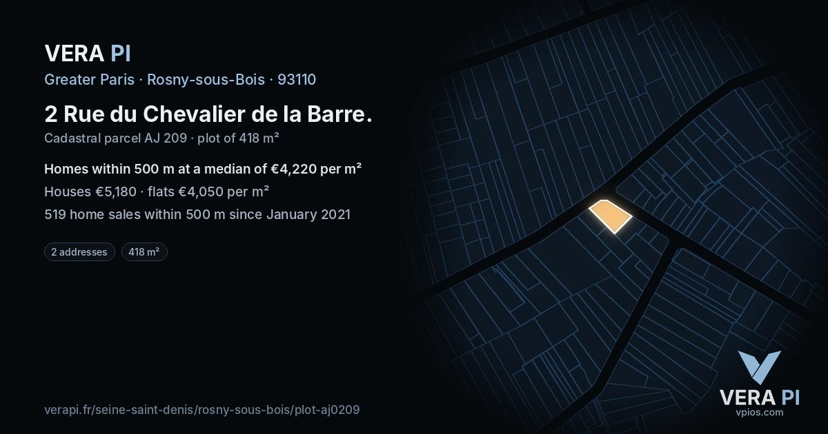 2 Rue du Chevalier de la Barre, Rosny-sous-Bois at night – the plot lit, the parcels around coloured by the prices near them