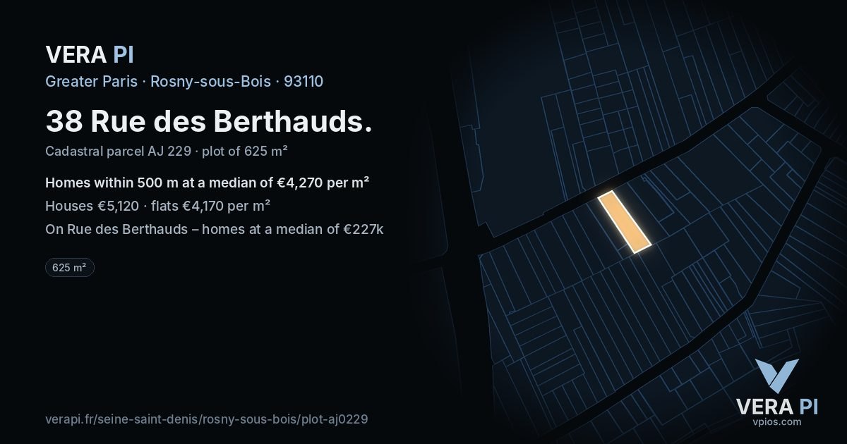 38 Rue des Berthauds, Rosny-sous-Bois at night – the plot lit, the parcels around coloured by the prices near them