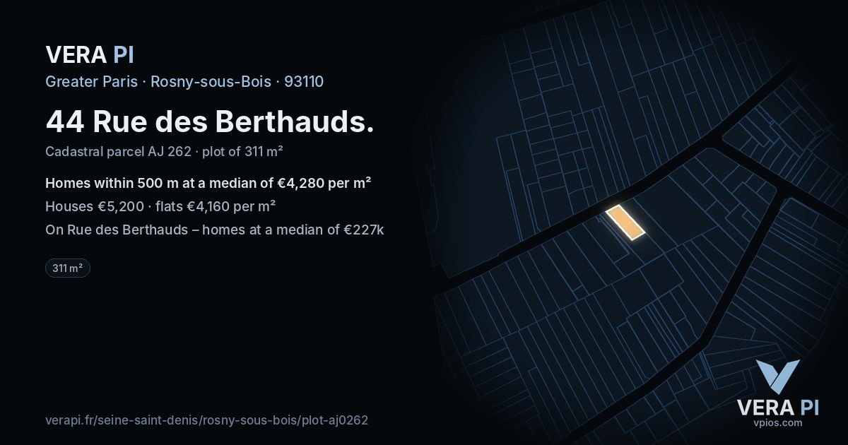 44 Rue des Berthauds, Rosny-sous-Bois at night – the plot lit, the parcels around coloured by the prices near them