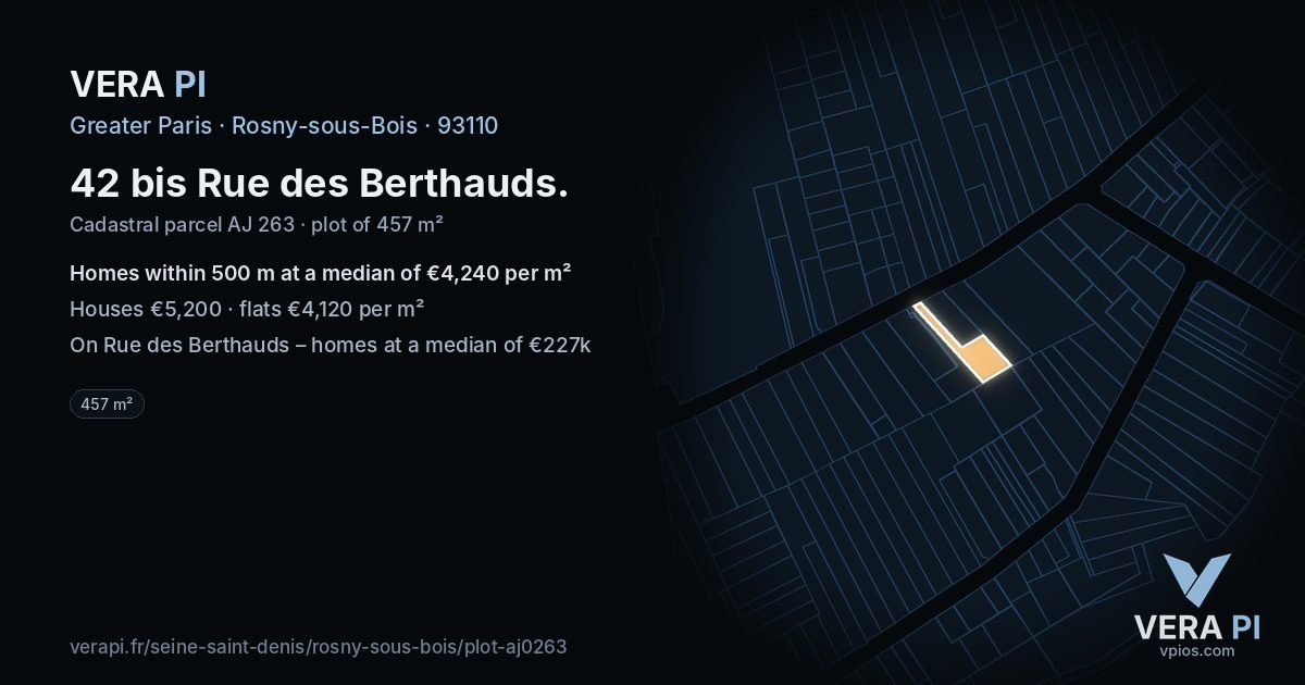 42 bis Rue des Berthauds, Rosny-sous-Bois at night – the plot lit, the parcels around coloured by the prices near them