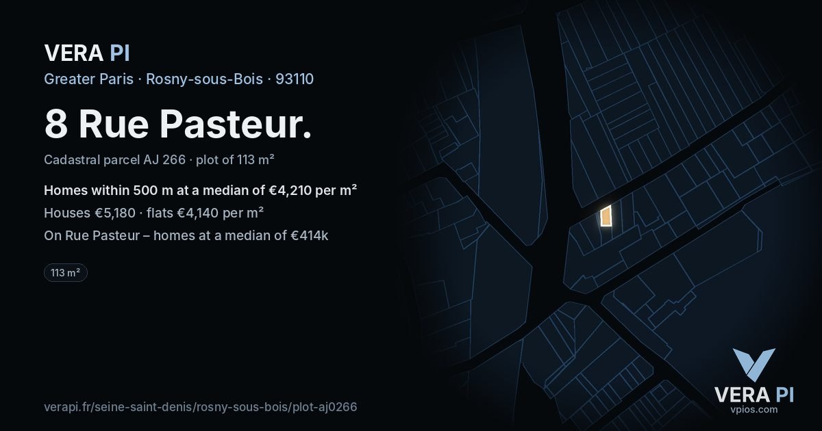 8 Rue Pasteur, Rosny-sous-Bois at night – the plot lit, the parcels around coloured by the prices near them