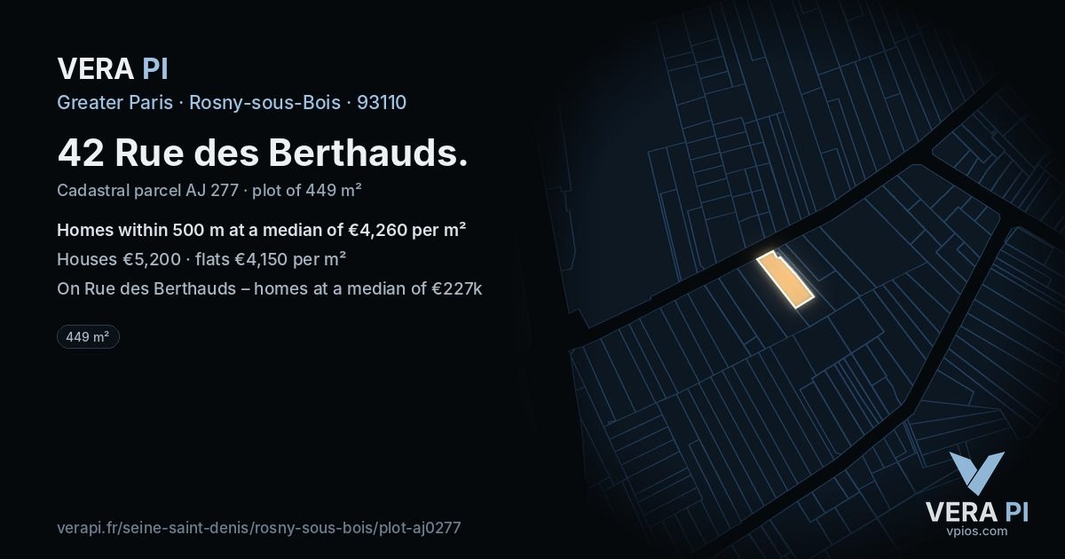 42 Rue des Berthauds, Rosny-sous-Bois at night – the plot lit, the parcels around coloured by the prices near them