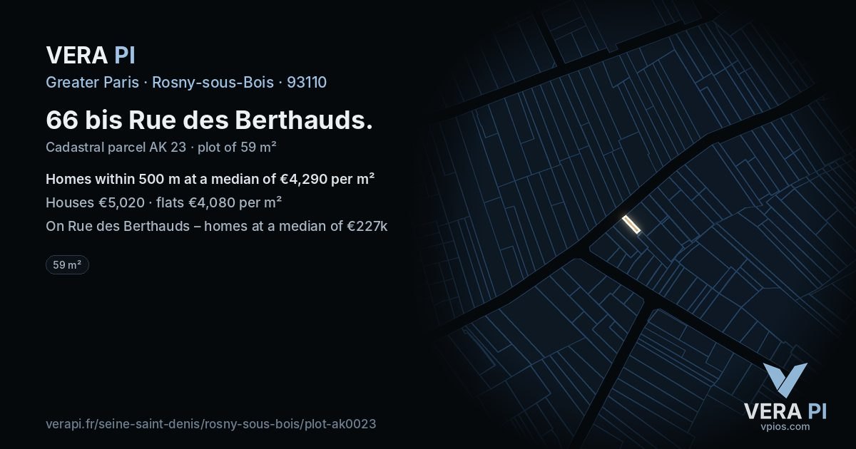 66 bis Rue des Berthauds, Rosny-sous-Bois at night – the plot lit, the parcels around coloured by the prices near them