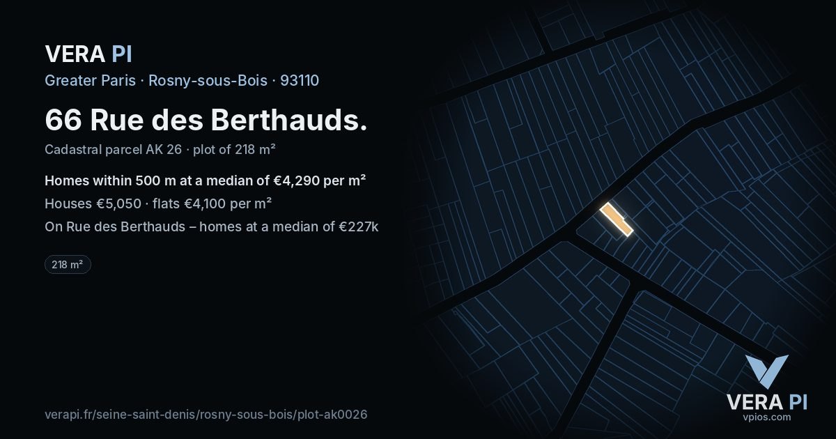 66 Rue des Berthauds, Rosny-sous-Bois at night – the plot lit, the parcels around coloured by the prices near them