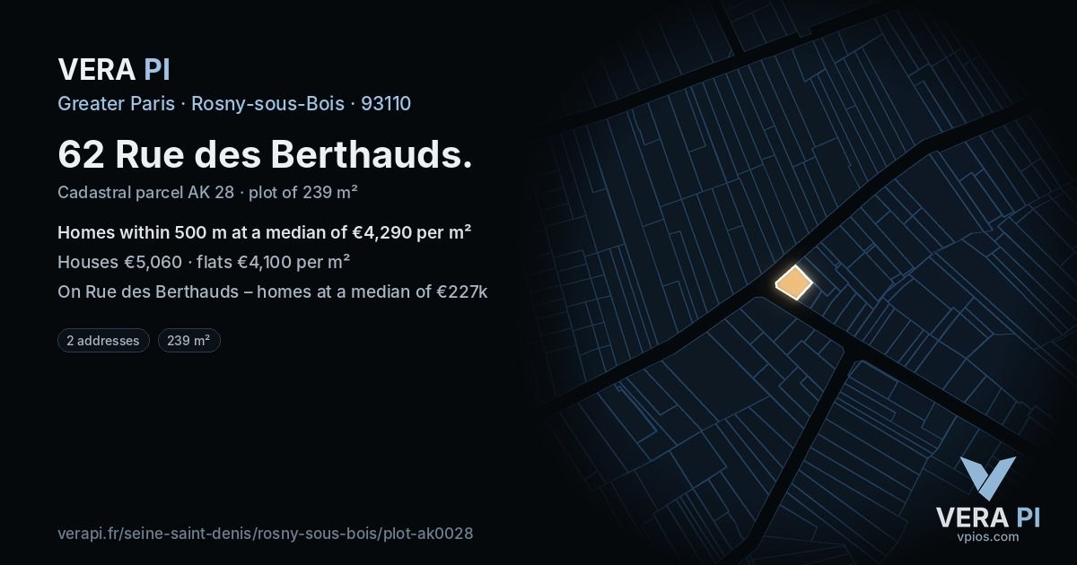 62 Rue des Berthauds, Rosny-sous-Bois at night – the plot lit, the parcels around coloured by the prices near them