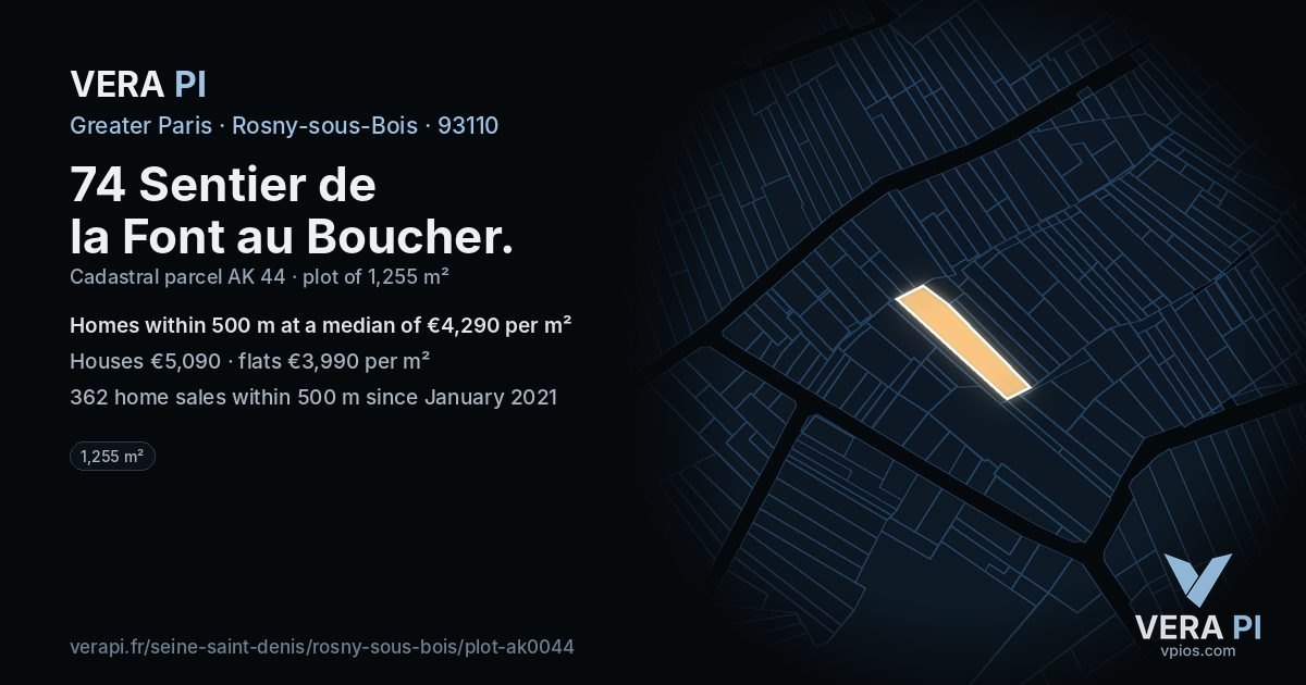 74 Sentier de la Font au Boucher, Rosny-sous-Bois at night – the plot lit, the parcels around coloured by the prices near them