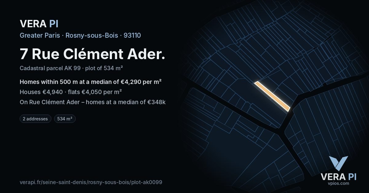 7 Rue Clément Ader, Rosny-sous-Bois at night – the plot lit, the parcels around coloured by the prices near them