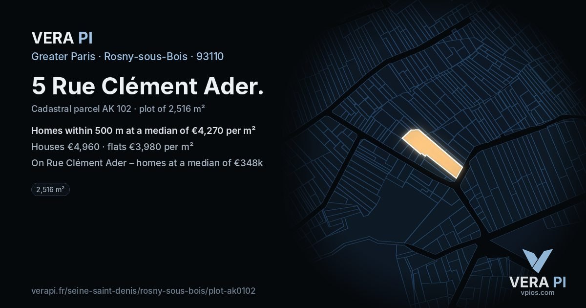 5 Rue Clément Ader, Rosny-sous-Bois at night – the plot lit, the parcels around coloured by the prices near them