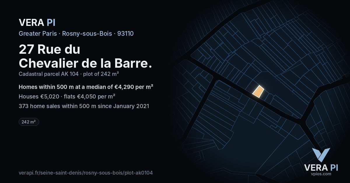 27 Rue du Chevalier de la Barre, Rosny-sous-Bois at night – the plot lit, the parcels around coloured by the prices near them