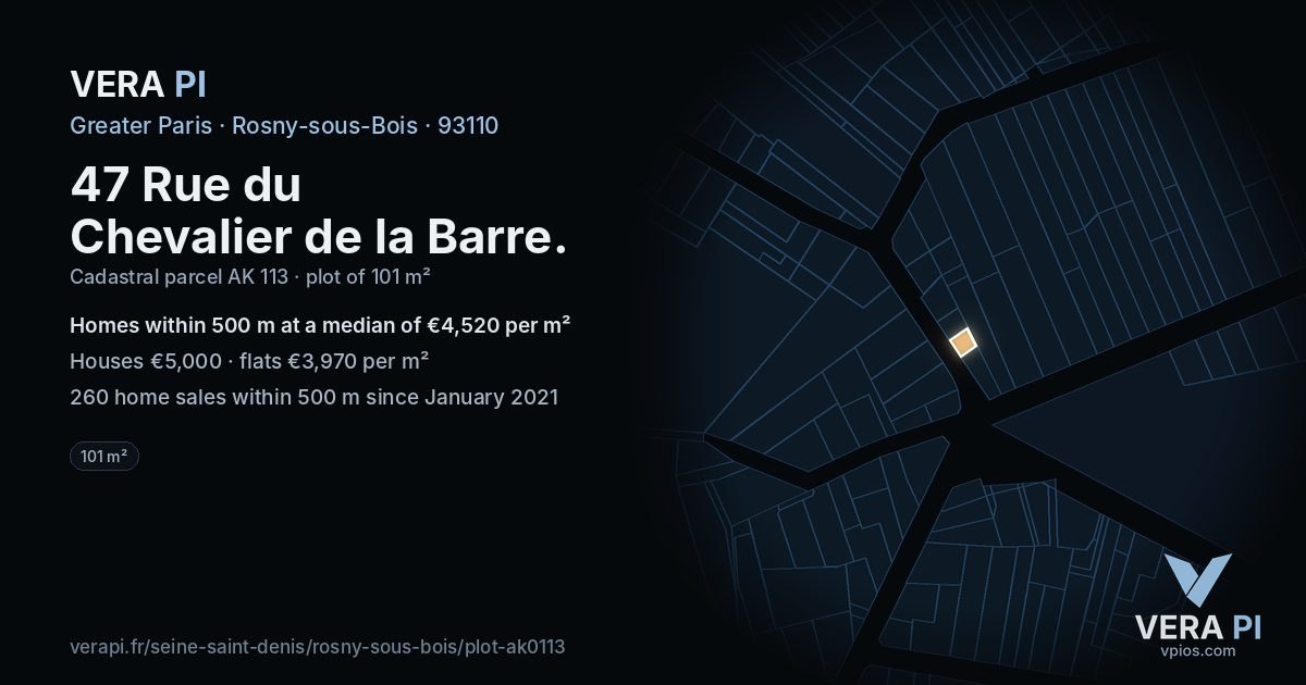 47 Rue du Chevalier de la Barre, Rosny-sous-Bois at night – the plot lit, the parcels around coloured by the prices near them