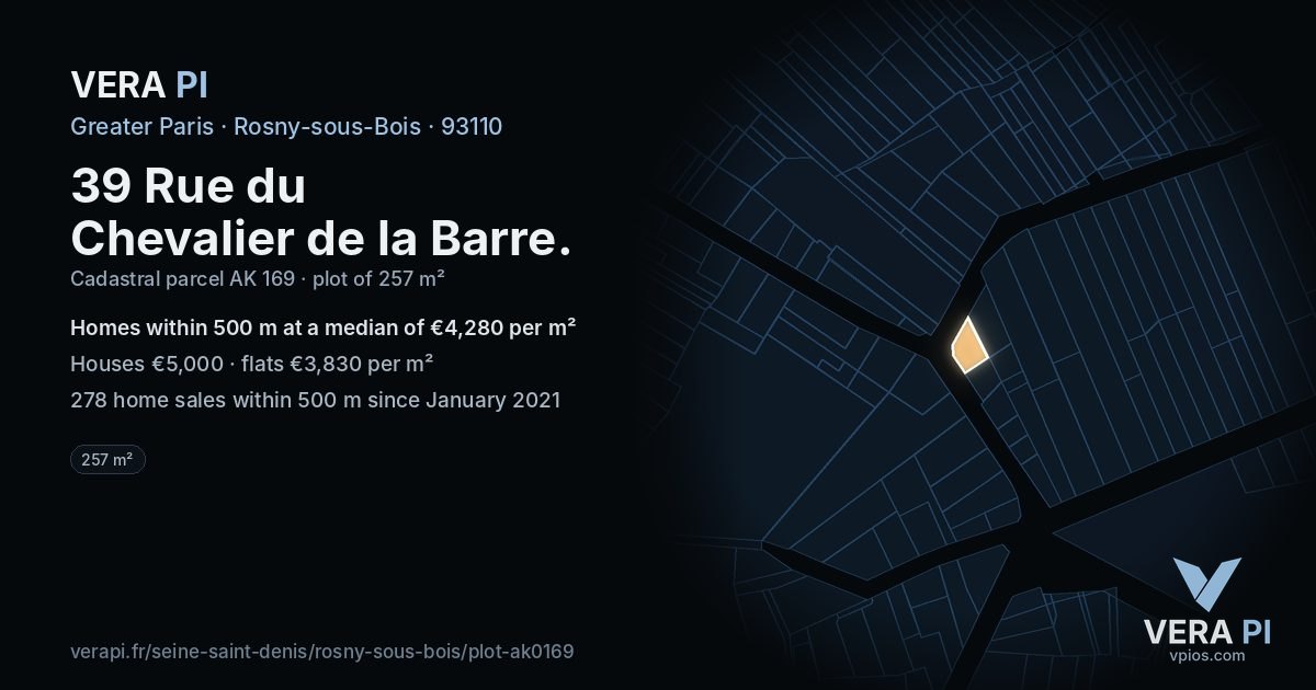 39 Rue du Chevalier de la Barre, Rosny-sous-Bois at night – the plot lit, the parcels around coloured by the prices near them