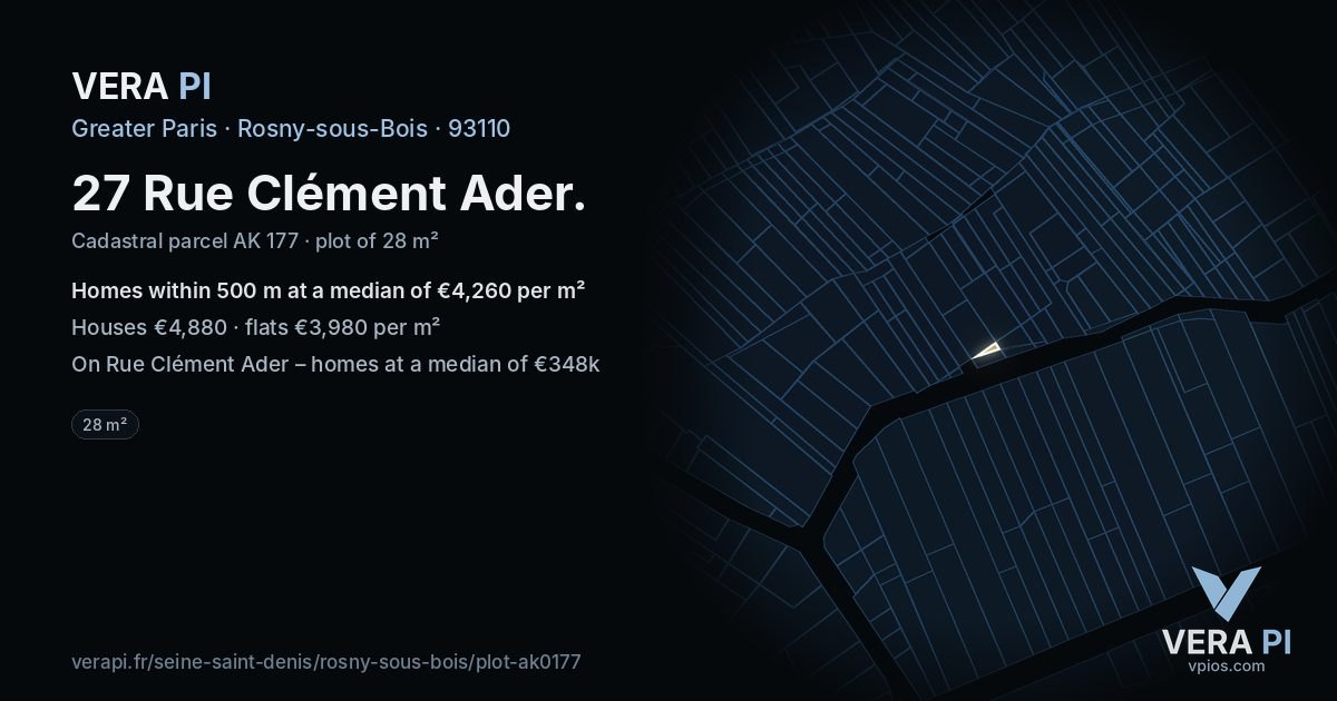 27 Rue Clément Ader, Rosny-sous-Bois at night – the plot lit, the parcels around coloured by the prices near them