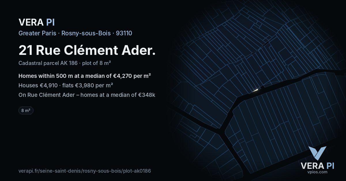 21 Rue Clément Ader, Rosny-sous-Bois at night – the plot lit, the parcels around coloured by the prices near them