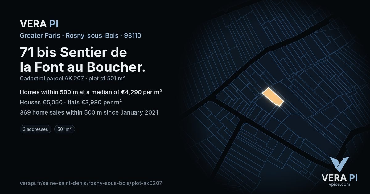 71 bis Sentier de la Font au Boucher, Rosny-sous-Bois at night – the plot lit, the parcels around coloured by the prices near them