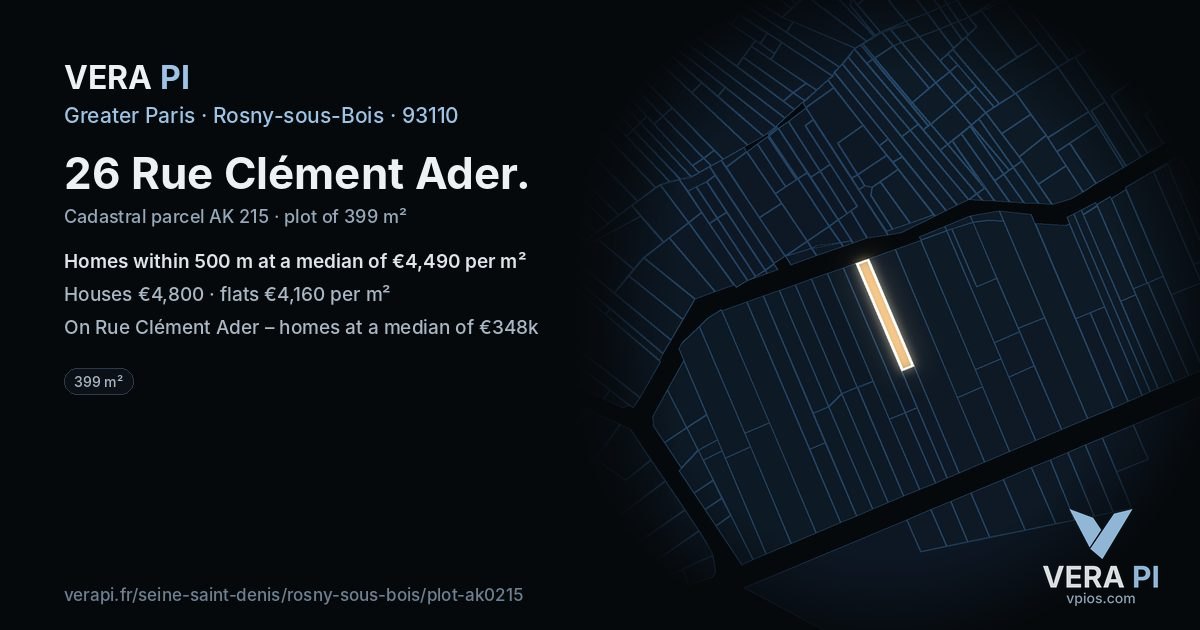 26 Rue Clément Ader, Rosny-sous-Bois at night – the plot lit, the parcels around coloured by the prices near them