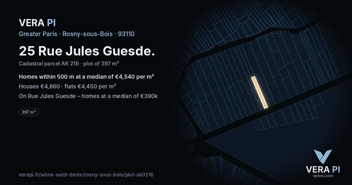25 Rue Jules Guesde, Rosny-sous-Bois at night – the plot lit, the parcels around coloured by the prices near them