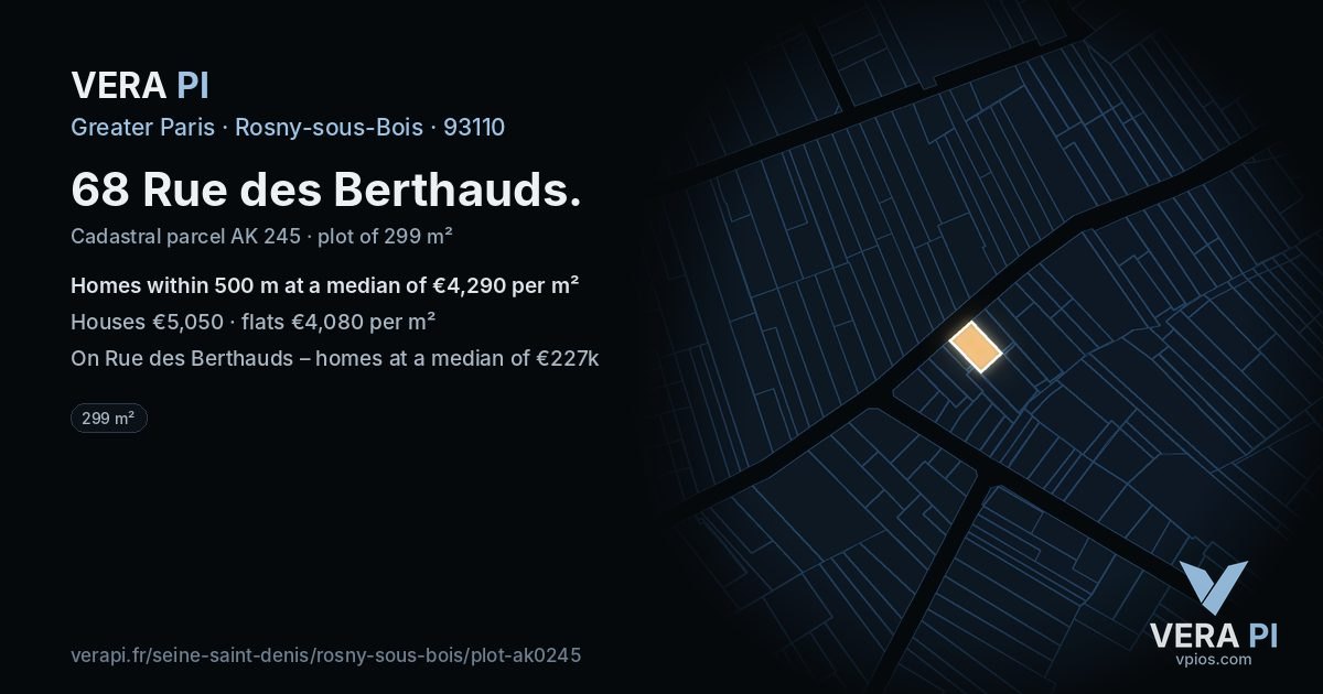 68 Rue des Berthauds, Rosny-sous-Bois at night – the plot lit, the parcels around coloured by the prices near them