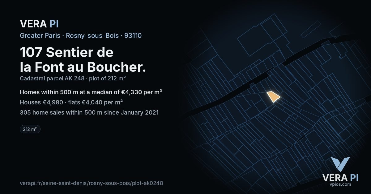 107 Sentier de la Font au Boucher, Rosny-sous-Bois at night – the plot lit, the parcels around coloured by the prices near them