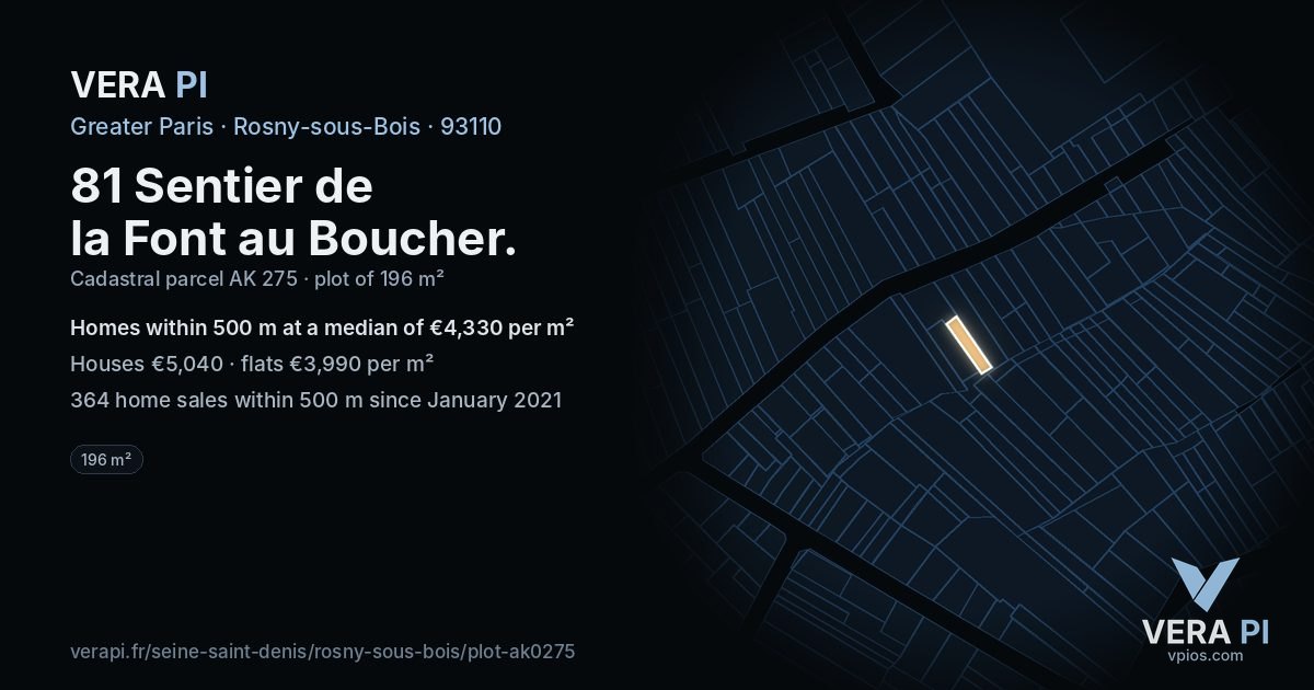 81 Sentier de la Font au Boucher, Rosny-sous-Bois at night – the plot lit, the parcels around coloured by the prices near them