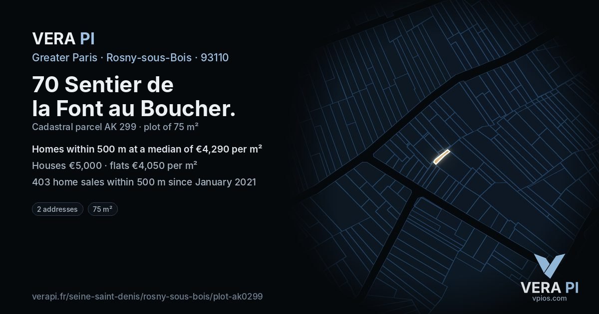 70 Sentier de la Font au Boucher, Rosny-sous-Bois at night – the plot lit, the parcels around coloured by the prices near them