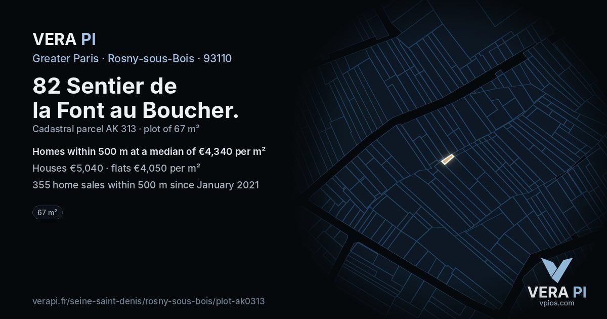 82 Sentier de la Font au Boucher, Rosny-sous-Bois at night – the plot lit, the parcels around coloured by the prices near them