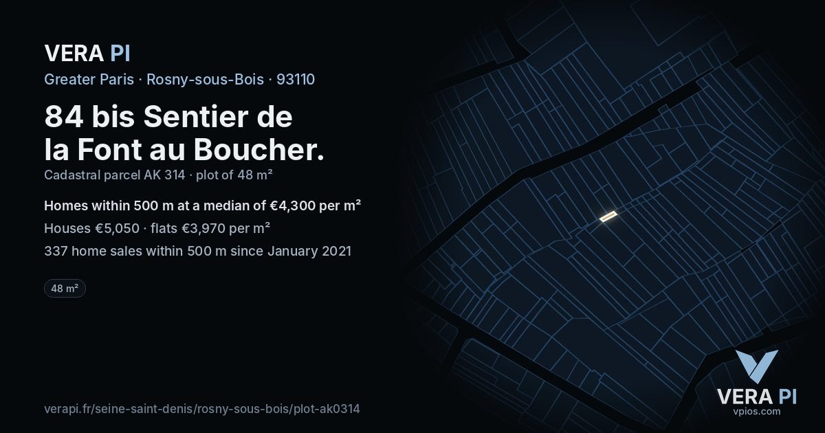 84 bis Sentier de la Font au Boucher, Rosny-sous-Bois at night – the plot lit, the parcels around coloured by the prices near them