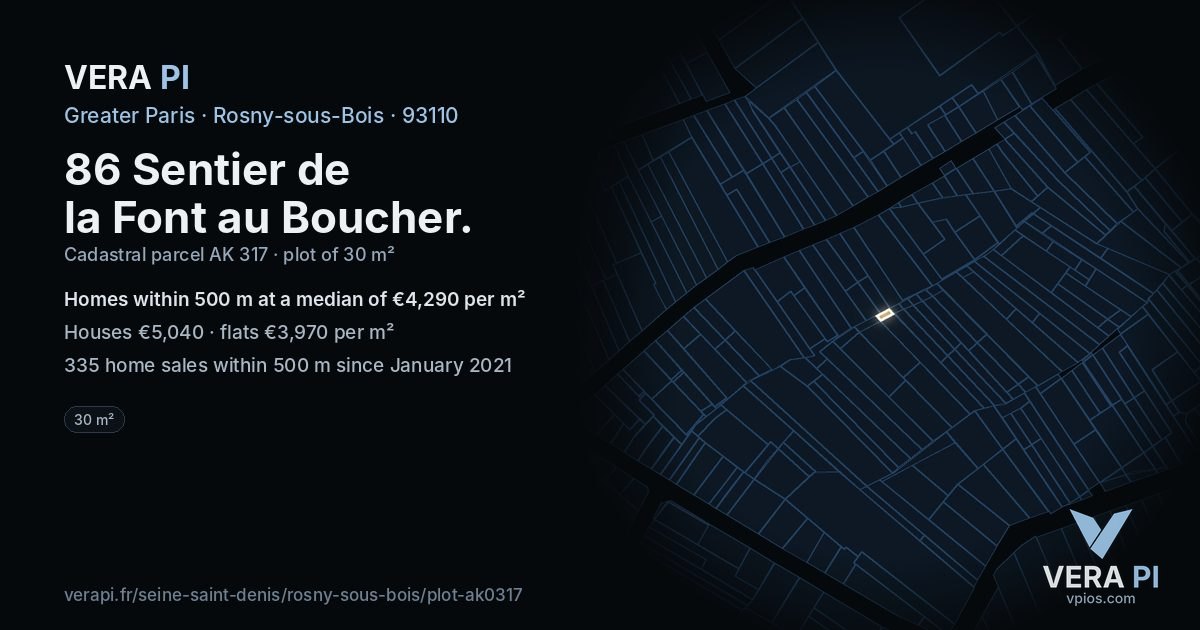 86 Sentier de la Font au Boucher, Rosny-sous-Bois at night – the plot lit, the parcels around coloured by the prices near them