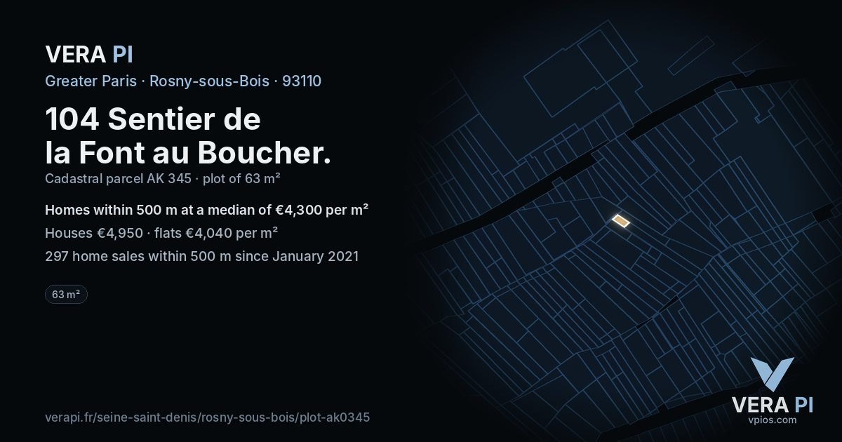 104 Sentier de la Font au Boucher, Rosny-sous-Bois at night – the plot lit, the parcels around coloured by the prices near them
