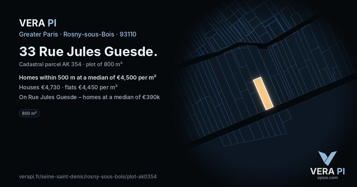 33 Rue Jules Guesde, Rosny-sous-Bois at night – the plot lit, the parcels around coloured by the prices near them