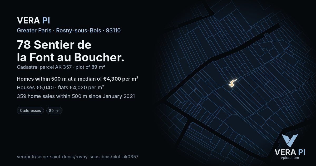 78 Sentier de la Font au Boucher, Rosny-sous-Bois at night – the plot lit, the parcels around coloured by the prices near them