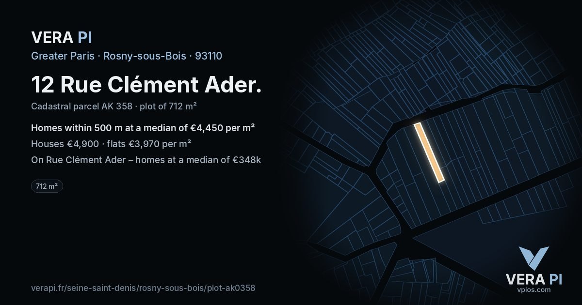 12 Rue Clément Ader, Rosny-sous-Bois at night – the plot lit, the parcels around coloured by the prices near them