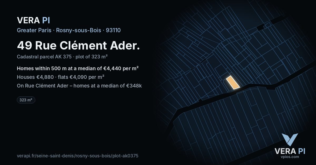 49 Rue Clément Ader, Rosny-sous-Bois at night – the plot lit, the parcels around coloured by the prices near them