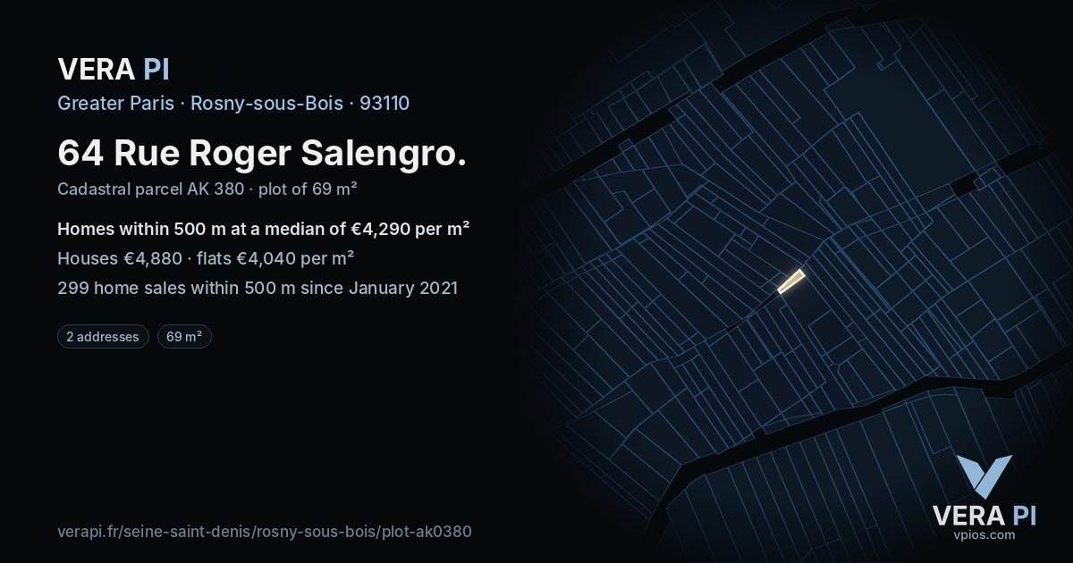 64 Rue Roger Salengro, Rosny-sous-Bois at night – the plot lit, the parcels around coloured by the prices near them