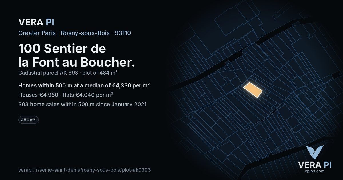 100 Sentier de la Font au Boucher, Rosny-sous-Bois at night – the plot lit, the parcels around coloured by the prices near them